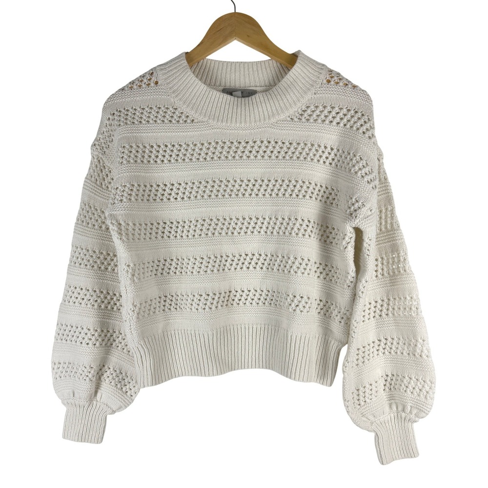 Allison Joy Ivory White Open‎ Knit Pointelle Balloon Sleeve Sweater S Crochet